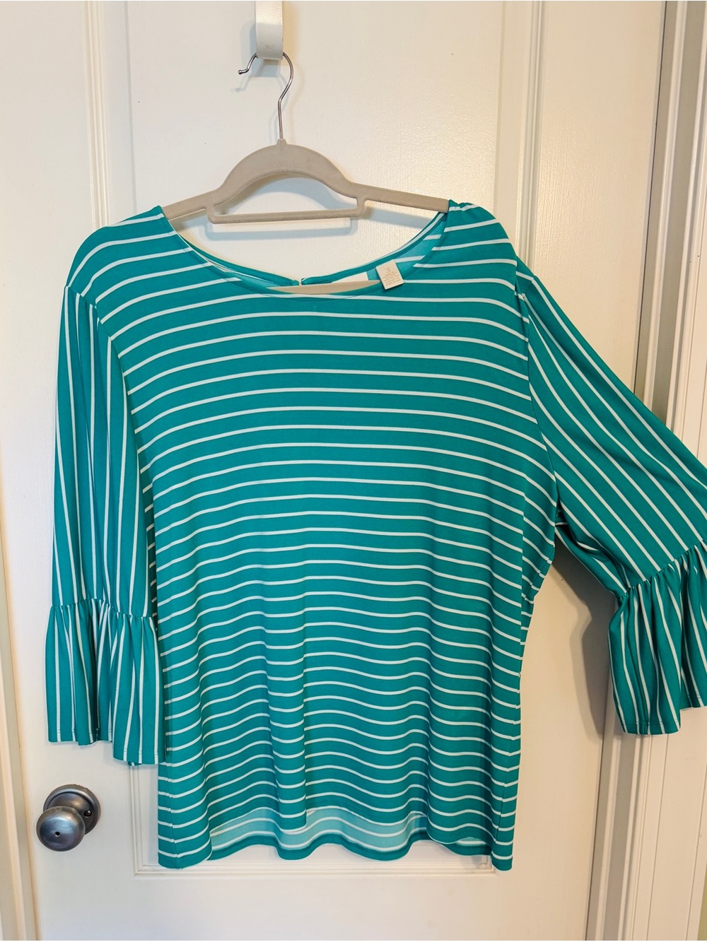 Chico's Teal and White Striped Ruffle Sleeve Top